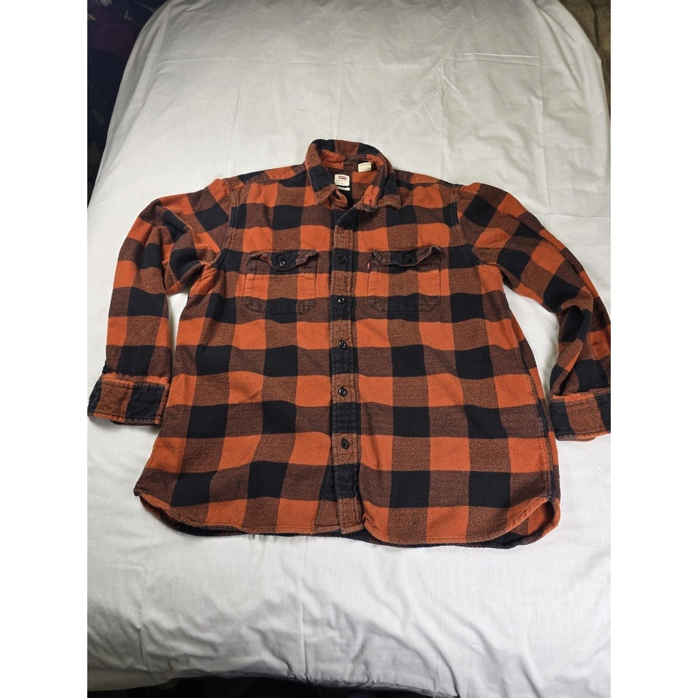 Levi's Shirt Mens Large Orange Plaid Flannel Long Sleeve Button Front Relaxed - Picture 4 of 12